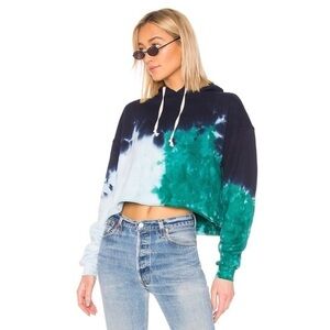 Re/Done Sweatshirt Cropped Raw Hem Hoodie in Teal Tie Dye